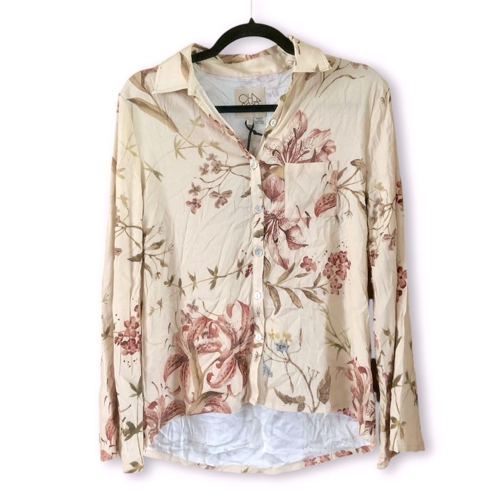 Chaser Cream Floral Button Up Flared Sleeve Top NWT Size XS Boho Bohemian